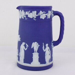 Victorian Wedgwood Jasperware trojan jug 6.5”, 1896 cobalt blue cider pitcher